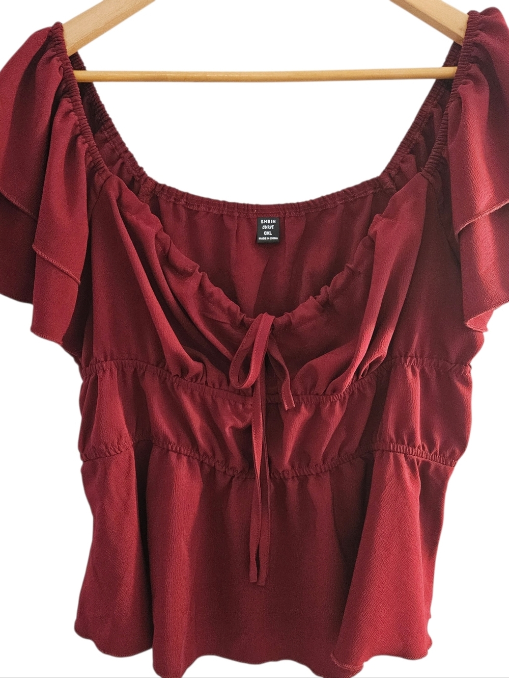 SHEIN Curve  Deep Wine Off-Shoulder Ruffle Tie-Front Blouse Boho